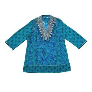 Soft Surroundings Teal Tunic Top S Blouse Women Boho Artsy Beaded Embellished